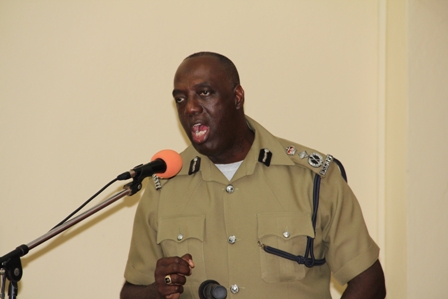 Commissioner of the Royal St. Christopher and Nevis Police Force Celvin Walwyn delivering remarks at the Nevis Divisional Headquarters in Charlestown at the annual New Year’s Blessing ceremony on January 4, 2013